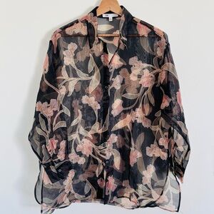 DR2 Oversized Sheer Long-Sleeve Button-Down Blouse in Black Floral Print